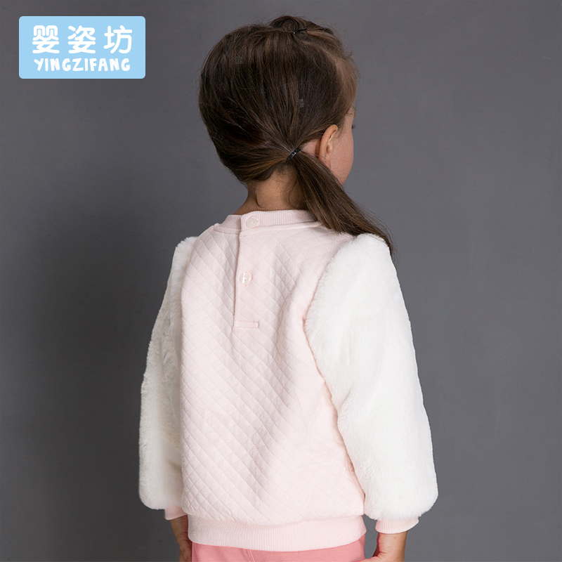 婴姿坊童装女童圆领长袖T恤宝宝毛毛袖打底衫秋冬款上衣