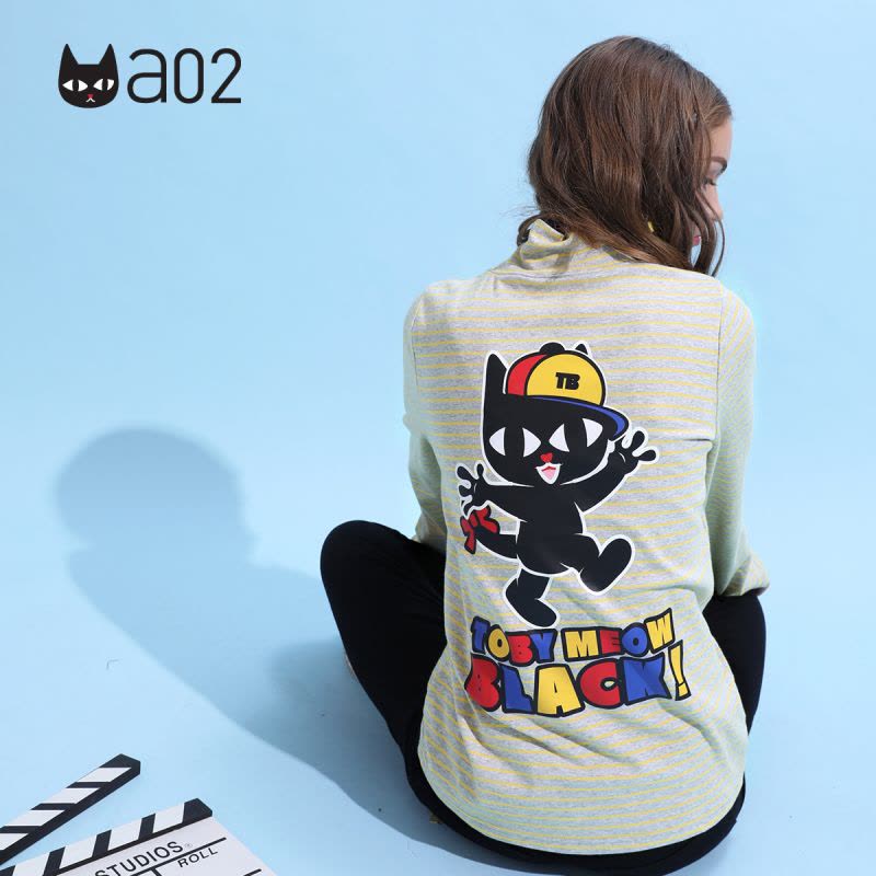 a02新款时尚经典条纹卡通印花修身高领T恤女潮DTU5BA231KT图片