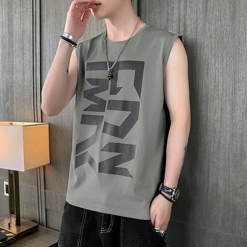 夏季新款无袖t恤男个性潮流运动坎肩休闲纯棉印花潮牌上衣男