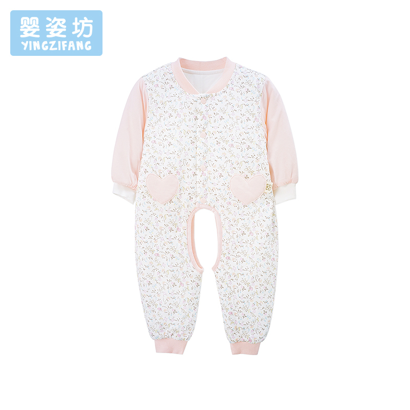 秋季新款女童碎花长袖拼接夹棉保暖前开扣挖裆连体衣