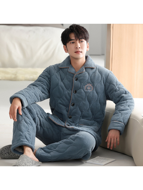 睡衣男士冬季开衫珊瑚绒三层夹棉加厚加绒法兰绒加大码家居服套装