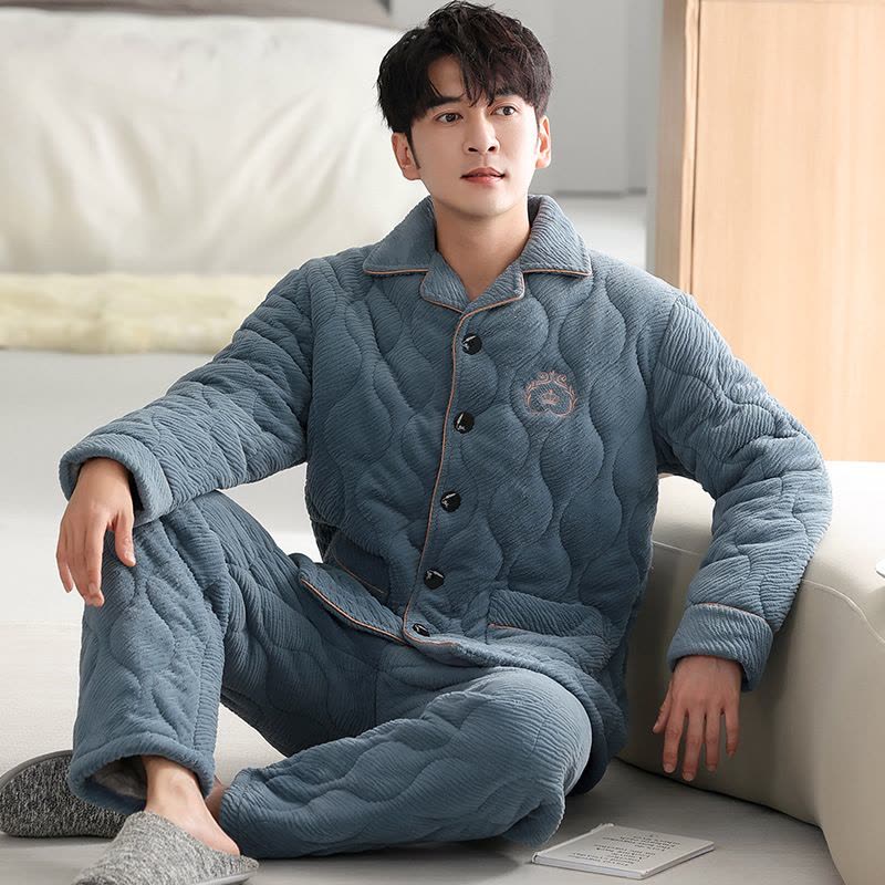 睡衣男士冬季开衫珊瑚绒三层夹棉加厚加绒法兰绒加大码家居服套装图片