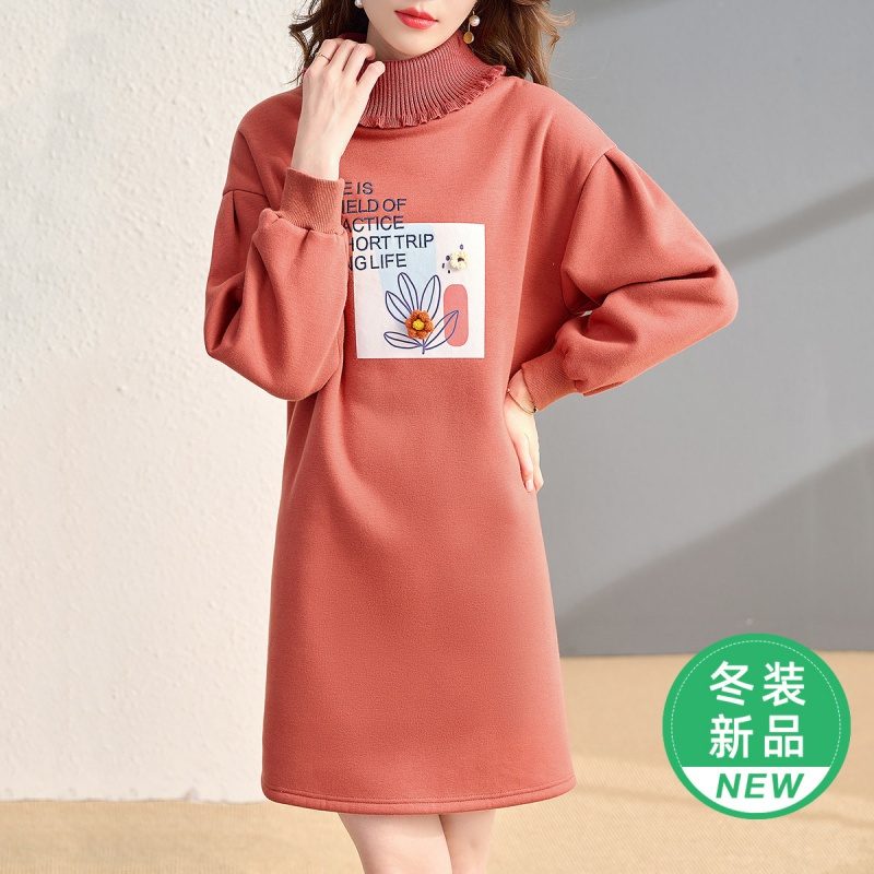 OUNIXUE欧昵雪 | [加绒半高领卫衣裙]冬季慵懒风套头长袖休闲中裙连衣裙女