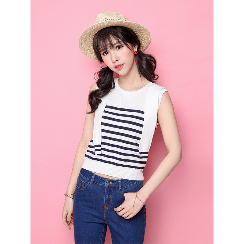 拉夏贝尔Candie’s2018夏装新款黑白条纹无袖套头宽松韩版圆领薄针织衫30062016