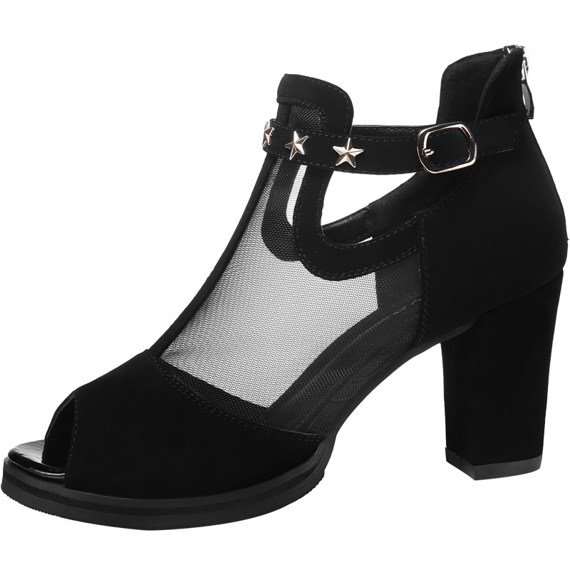 鱼嘴凉鞋女中跟夏季2018新款女士高跟鞋粗跟韩版百搭网纱夏天鞋子