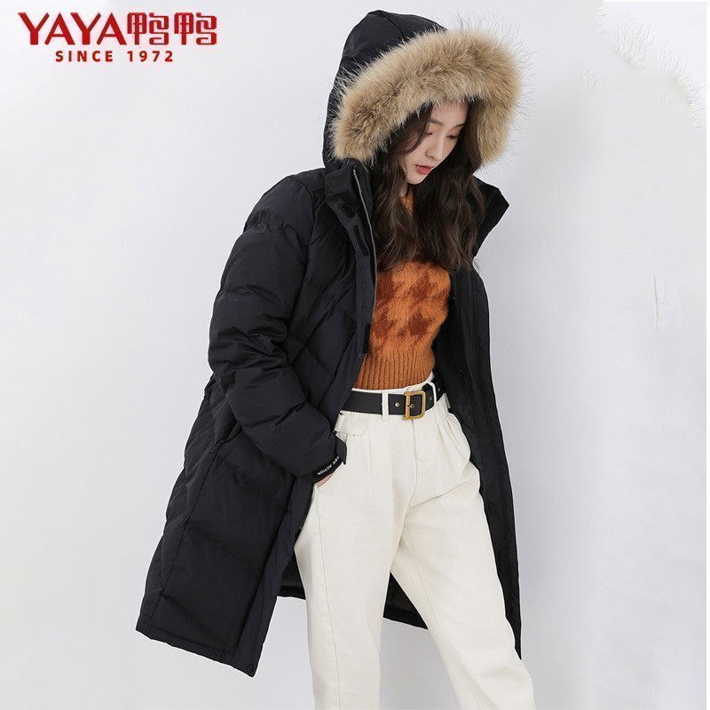 鸭鸭yaya户外羽绒服时尚潮流女士连帽保暖长款鹅绒服