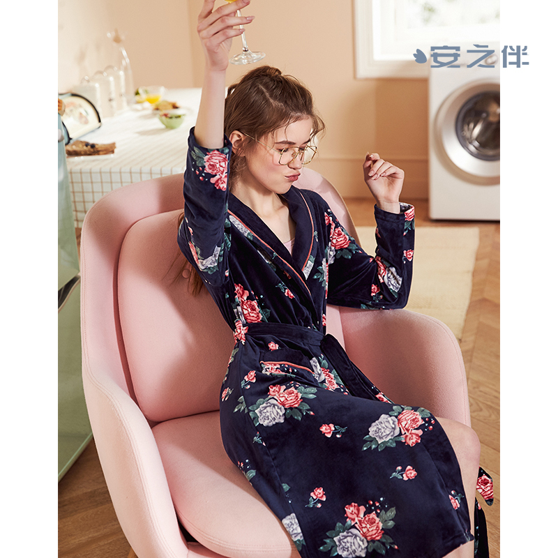 安之伴特卖睡袍女秋冬水晶珊瑚绒睡衣日式系带宽松长袖性感浴衣家居服
