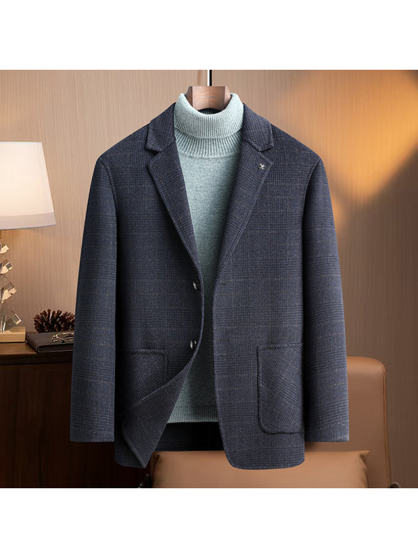 双面呢羊毛西服秋冬新款男士简约修身中年格子西装休闲羊毛外套男