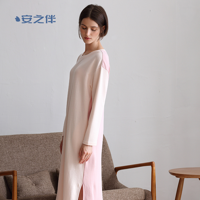 安之伴睡裙女秋季纯棉简约中长款宽松大码全棉家居服春秋女士睡衣