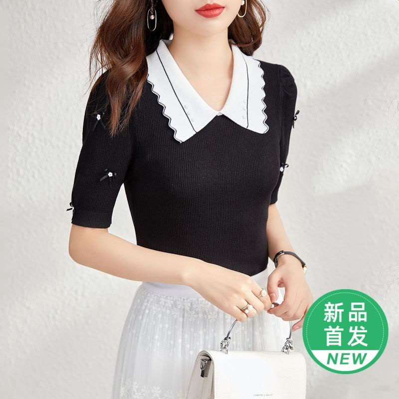 OUNIXUE欧昵雪 | [简约修身针织衫]夏季珍珠波浪型翻领T恤套头上衣短袖女图片