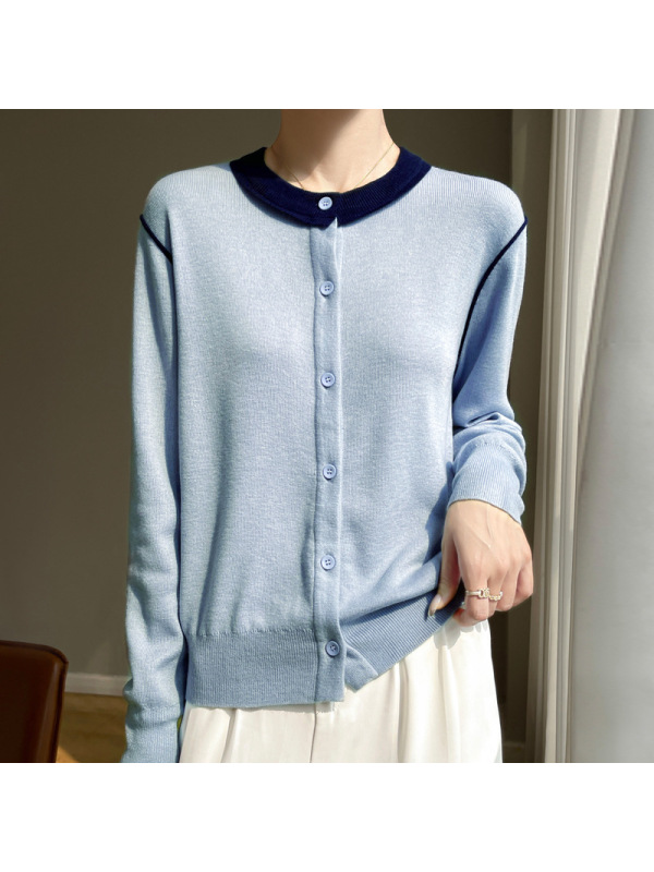 韩系撞色小衫圆领桑蚕丝羊毛针织女春秋薄款显瘦长袖开衫外套