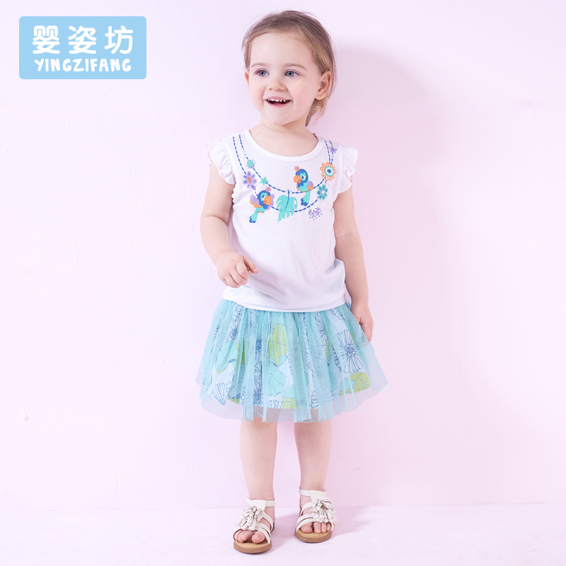 婴姿坊女童夏装新款套装 夏季童装女宝宝短袖短裙儿童两件套学院