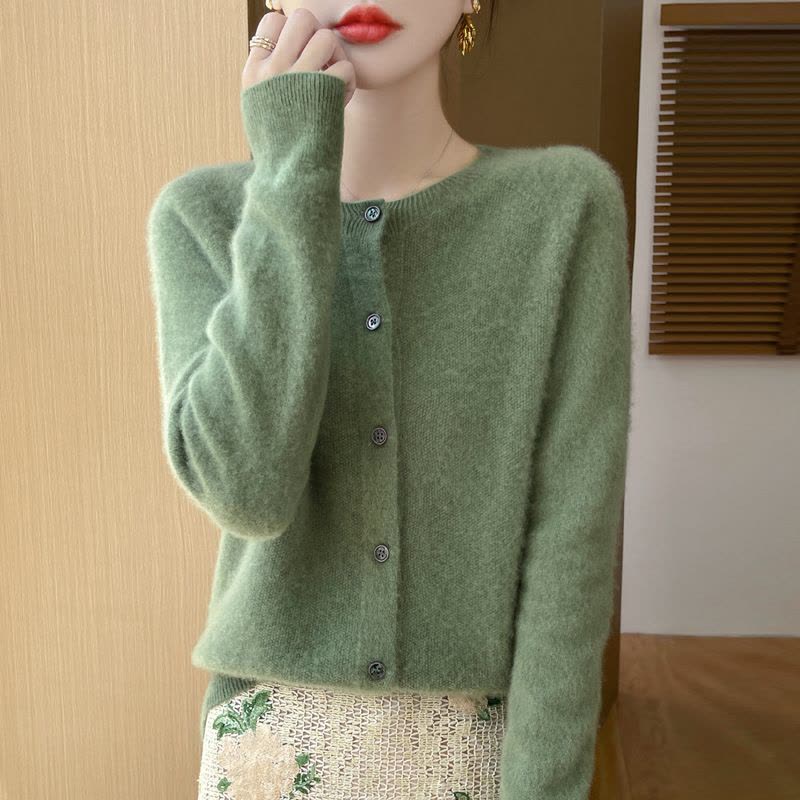 桂花针针织衫开衫女秋冬新款韩版圆领外搭打底衫纯色宽松外套毛衣图片