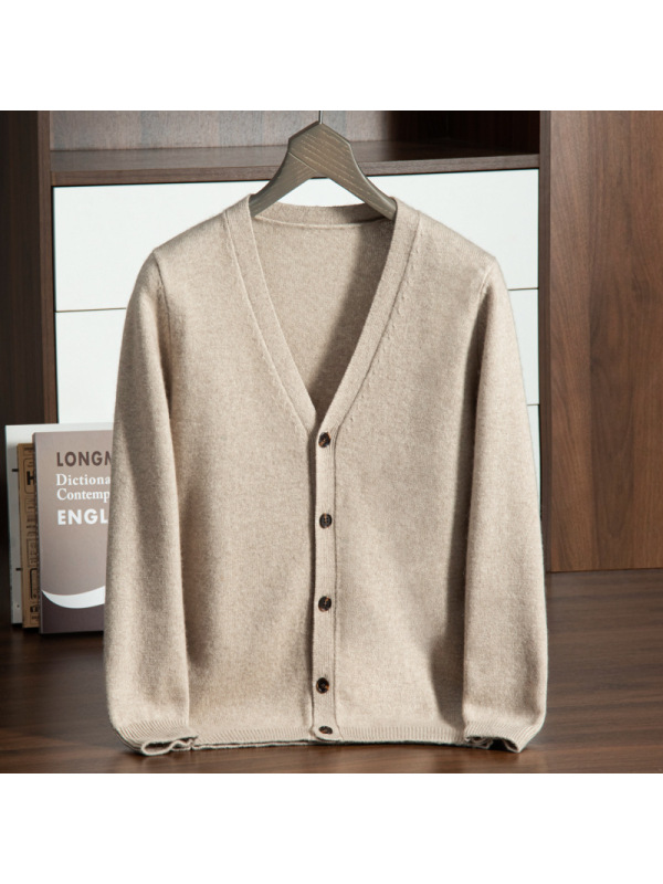 男士七针双股加厚山羊绒衫冬 V领开衫单排扣针织羊毛针织开衫外套