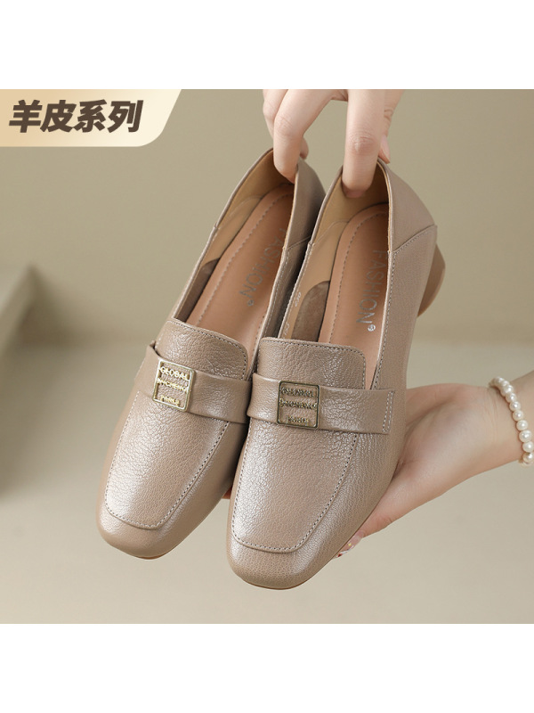 乐福鞋女2025春秋季羊皮方头深口套脚闰月单鞋中跟软底皮鞋工作鞋