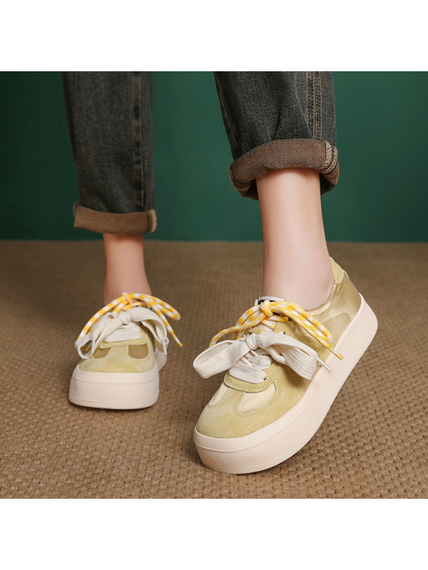 真皮厚底拼色板鞋女2025春季新款圆头系带休闲百搭舒适单鞋