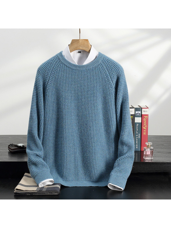 五针三股加厚山羊绒衫男士插肩袖疙瘩针提花针织羊毛毛衣打底衫男