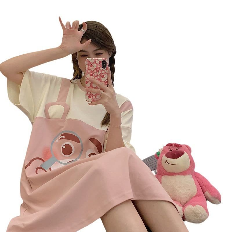 睡裙夏季女棉质短袖可爱卡通网红睡衣女夏天宽松女士春夏款家居服图片