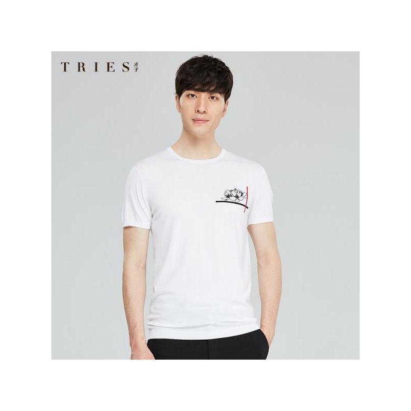 才子男装tries针织短袖t恤男士夏季新款修身植物印花透气圆领体恤