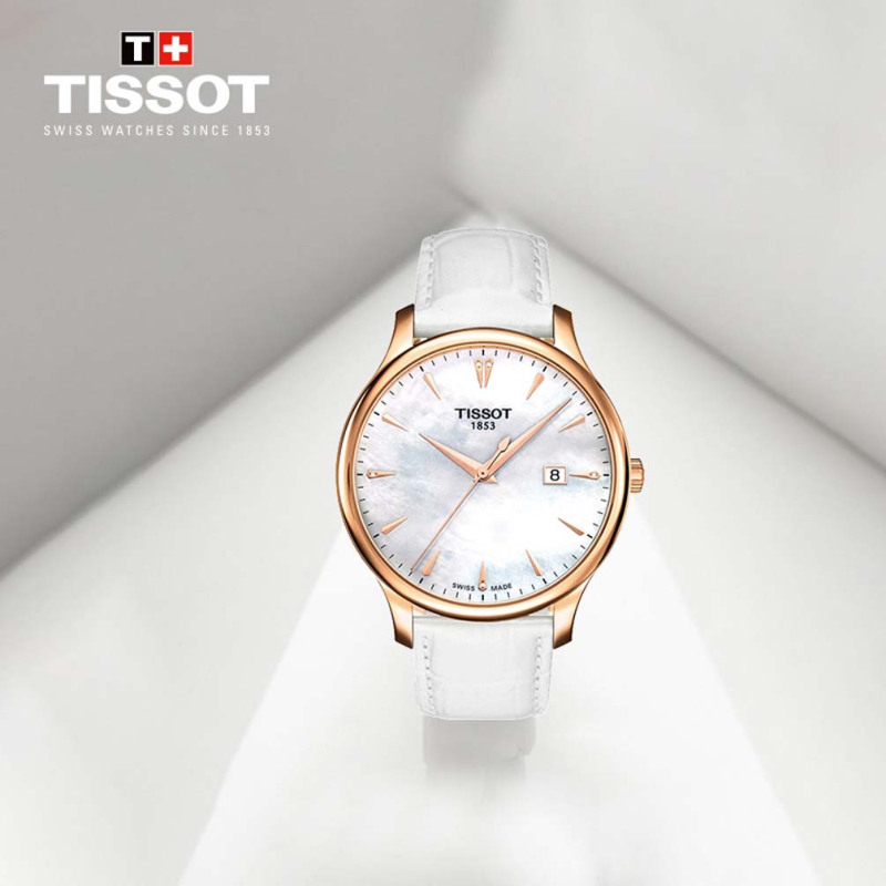 天梭(TISSOT)瑞士手表 俊雅系列皮带贝母表盘中性石英表T063.610.36.116.00 礼物