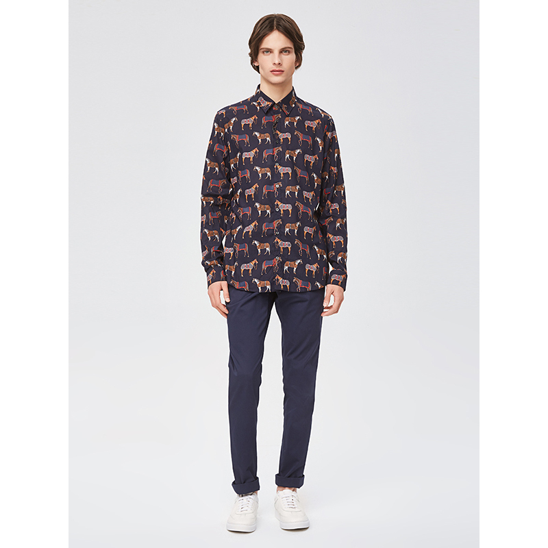 gucci古驰古奇藏青色骏马图案印花长袖男士衬衫391521
