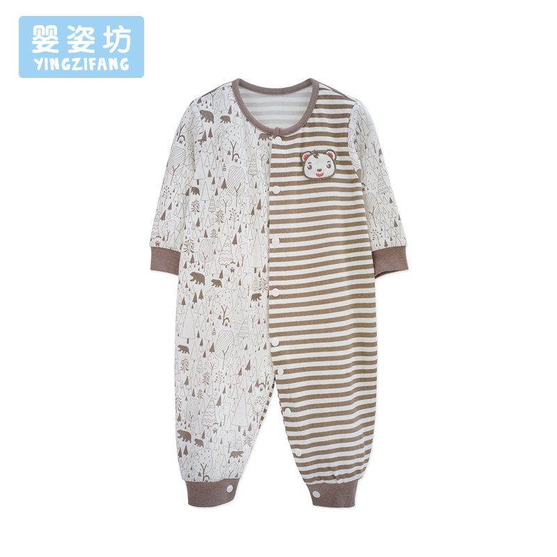 婴姿坊秋新款男童长袖条纹印花拼接圆领前开扣连体衣 0-2岁宝宝