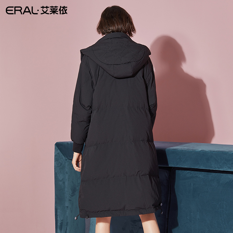 艾莱依2019秋冬新款韩版连帽宽松羽绒服大衣女士中长款