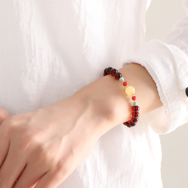 印象眸血珀圆珠手串琥珀搭蜜蜡配饰女款单圈双圈手链附送证书