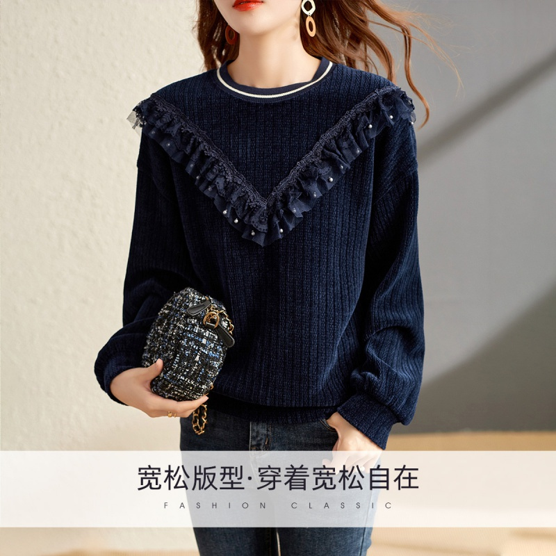 OUNIXUE欧昵雪 | [宽松雪尔绒上衣]秋冬季气质罗纹圆领拼接蕾丝网纱卫衣女
