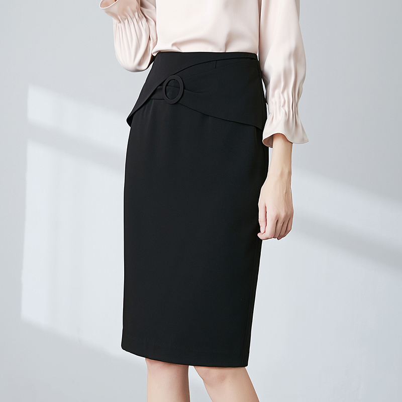晚白2020年夏款时尚简约纯色修身高腰职业及膝裙包臀裙半身裙女