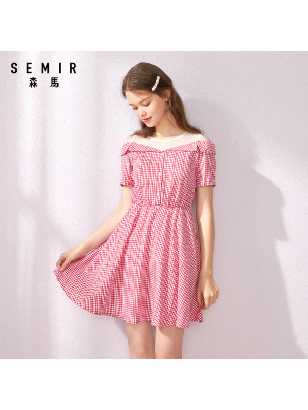 森马连衣裙夏法式复古格纹网纱拼接收腰裙子仙女超仙甜美