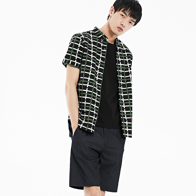 gxg衬衫男装夏装男士时尚都市修身绿白格纹休闲短袖衬衫