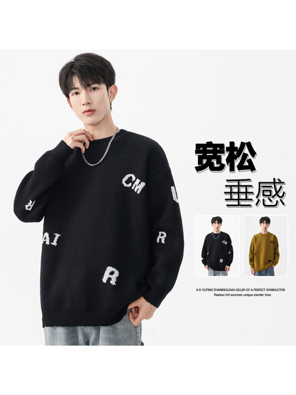 美式潮牌重磅刺绣时尚圆领长袖毛衣男春秋季宽松百搭情侣装针织衫