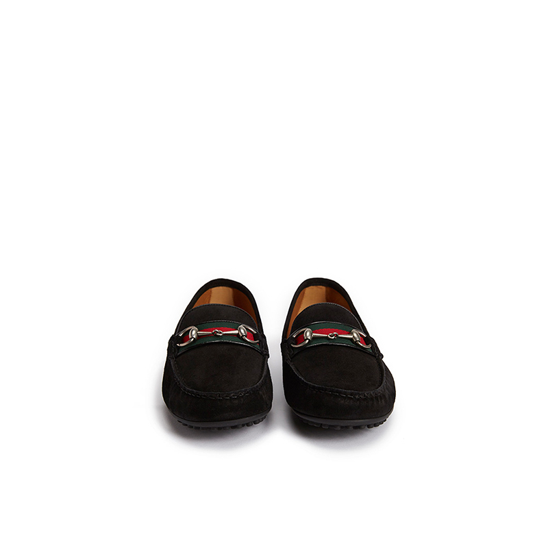 Gucci/古驰 饰条纹织带和马衔扣皮革驾车鞋 黑色 450892