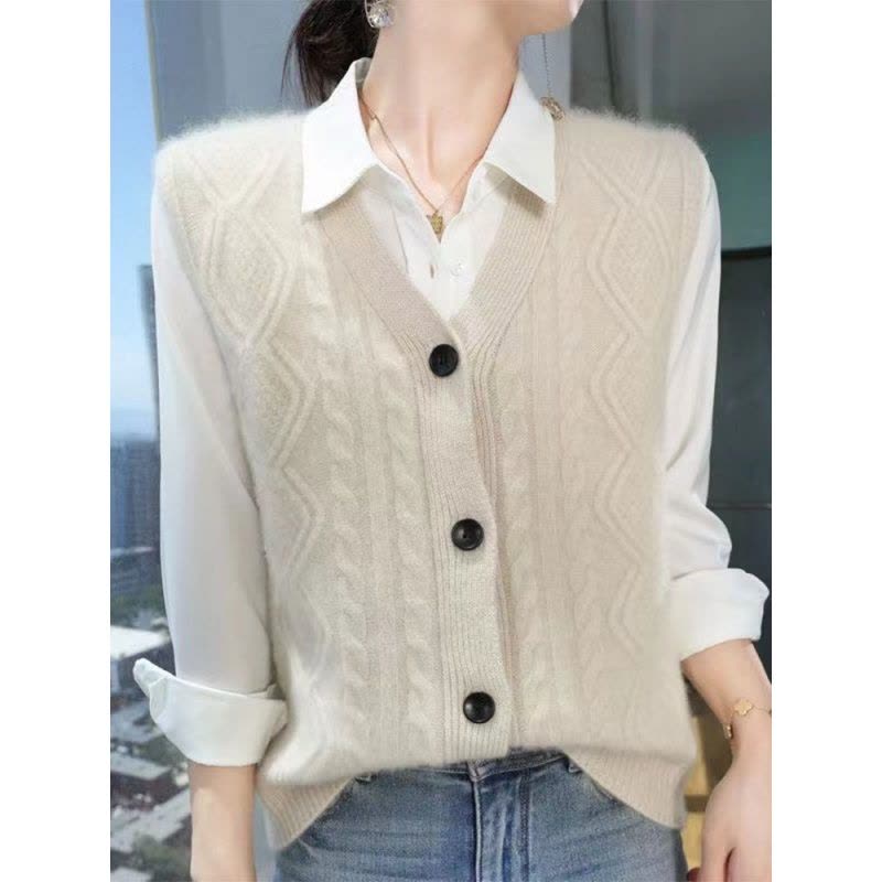秋冬新款加厚V领菱形仿羊毛马甲女软糯亲肤不扎针织开衫外穿背心图片