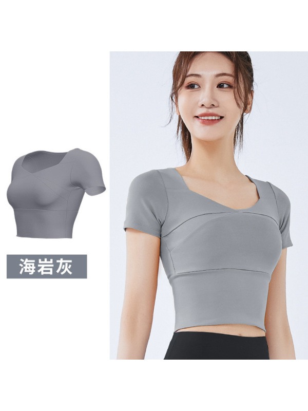 拼接速干瑜伽服带胸垫瑜伽短袖裸感修身显瘦运动健身上衣