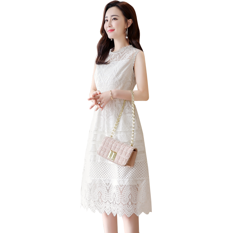 丝柏舍2019夏装女纯色无袖修身蕾丝镂空中款连衣裙S82B1532L