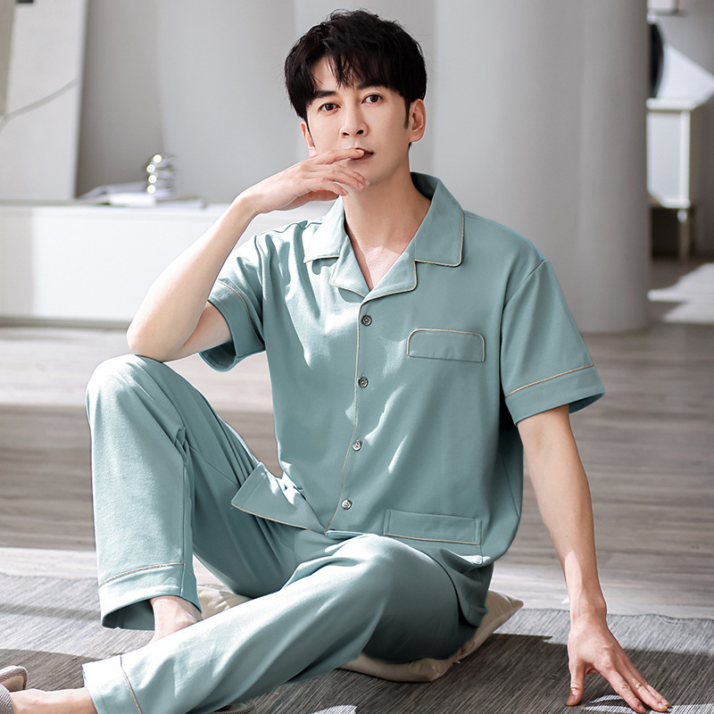 睡衣男士春夏季纯棉翻领短袖长裤全棉新款青少年可外穿家居服套装