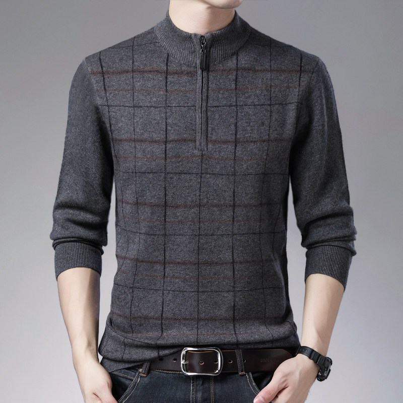 恒源祥羊毛衫男冬季加厚中年半高拉链领针织衫格子提花毛衣爸爸装