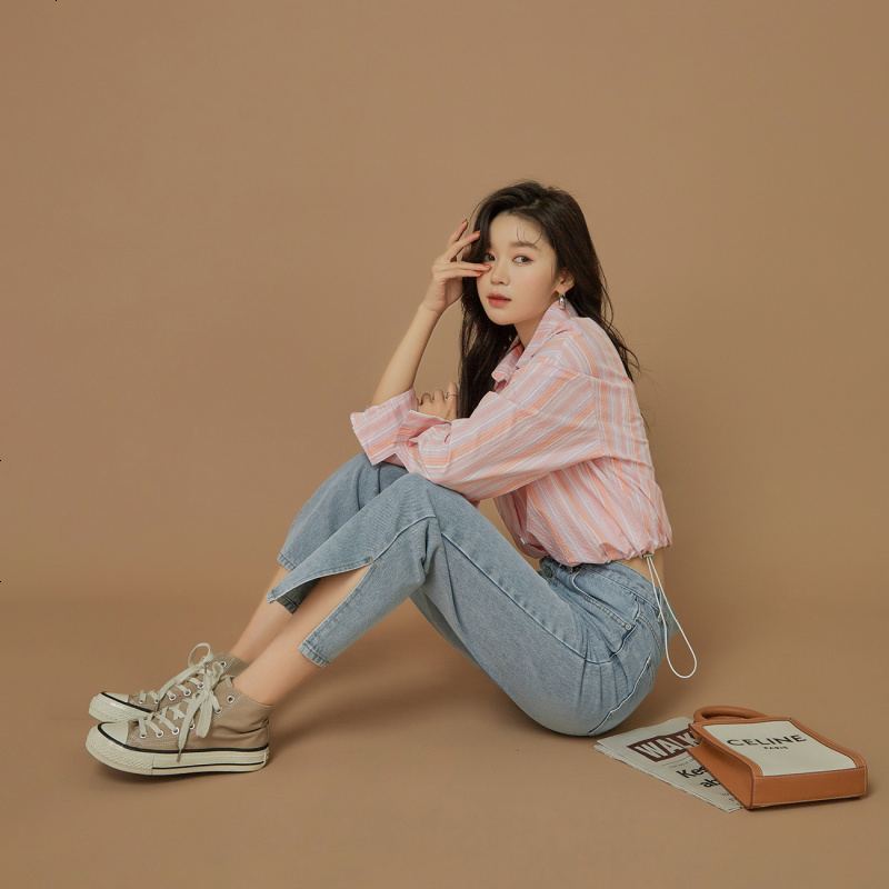 OtherMix九分牛仔裤情人节系列女2021年新款高腰直筒开叉浅色裤子
