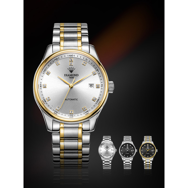 上海钻石牌手表全自动机械男表女表镶钻日历防水精钢8040情侣腕表