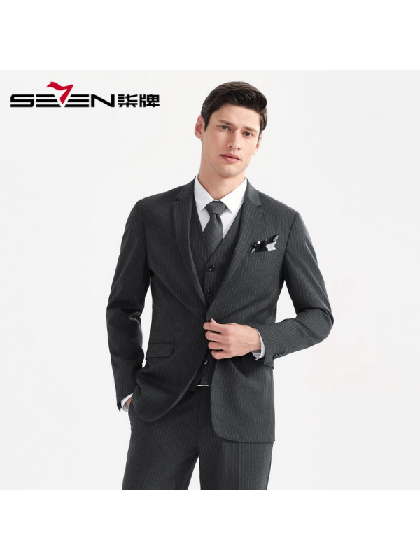 柒牌SEVEN男装2020新款西服马甲三件套商务正装男士套西时尚条纹西装