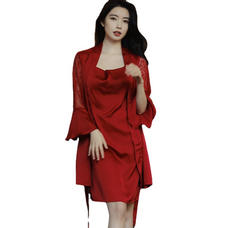 Ceba新款性感睡衣女春秋蕾丝纯欲仿真丝长款诱惑冰丝吊带睡裙两件套装