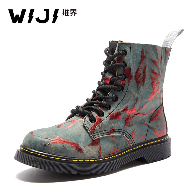 WIJI2018秋季新款时尚欧美马丁靴女撞色街拍系带松糕底牛皮高帮鞋