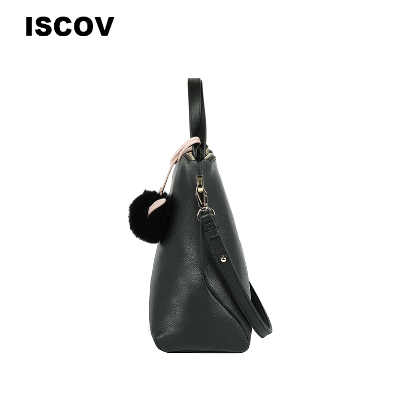 ISCOV荔枝纹牛皮斜挎包 绒球装饰单肩手提杀手包潮