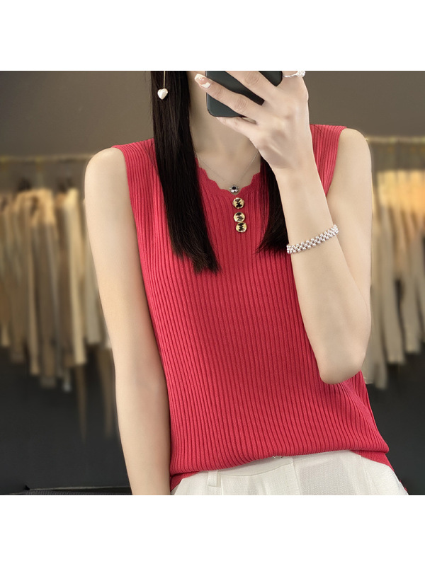 夏季新款v领女冰丝吊带背心无袖针织衫上衣曲珠修身短袖打底上衣