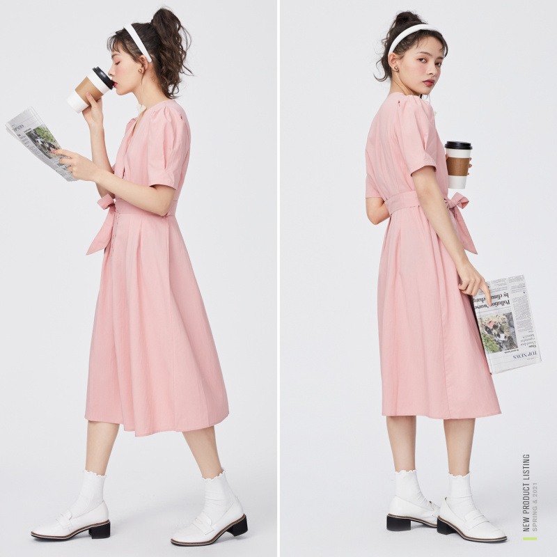 【满198减100预估价：89】森马连衣裙女2021年夏季新款V领收腰显瘦中长款裙子法式气质长裙