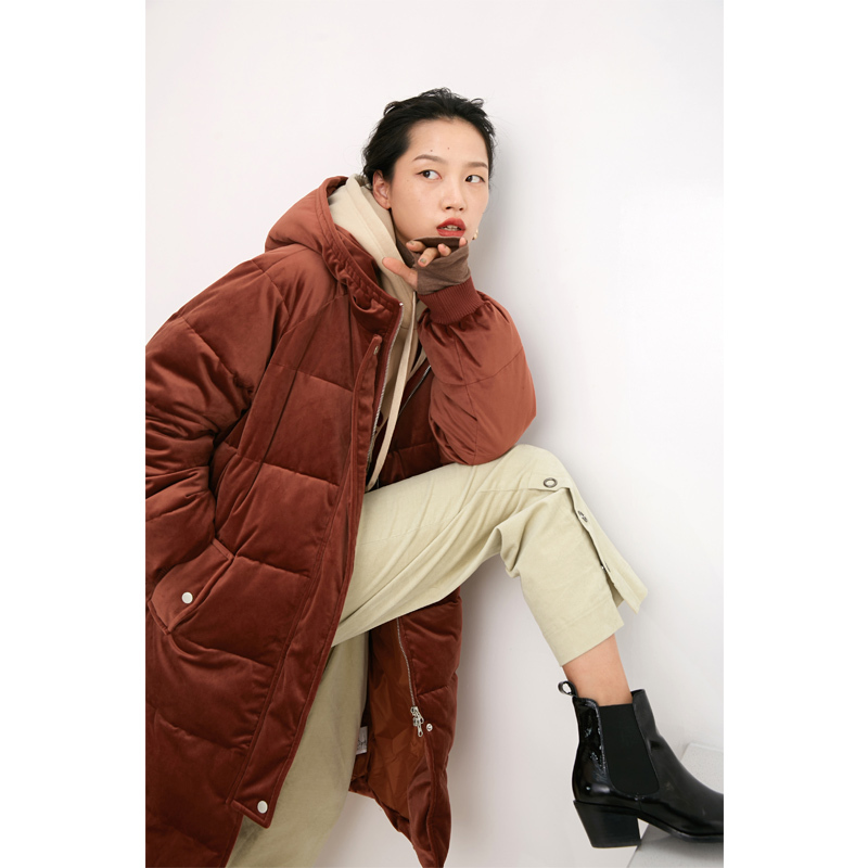 森宿Y中长款丝绒棉衣女冬季2018新款ins反季连帽过膝加厚棉服棉袄