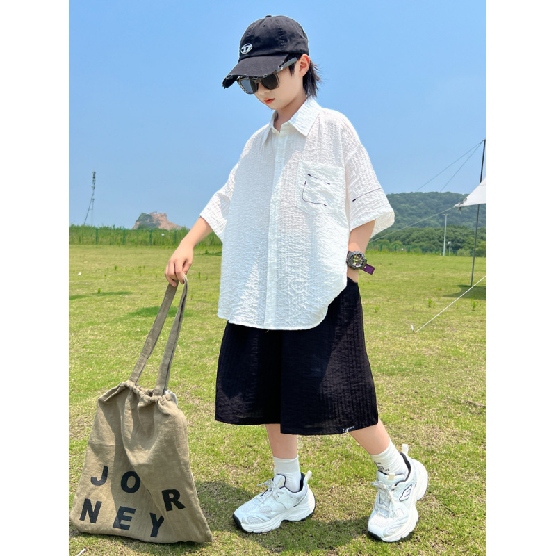 男童夏装套装2025新款大儿童夏季短袖衬衫洋气时髦男孩衣服夏款潮