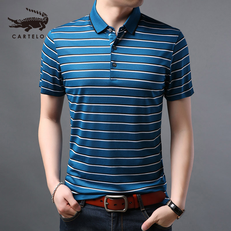 卡帝乐鳄鱼短袖t恤男翻领条纹polo衫中年桑蚕丝体恤衫bcg1802